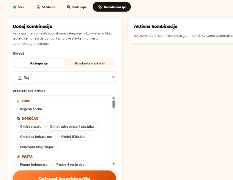 Stvarni prikaz panela za kombinacije